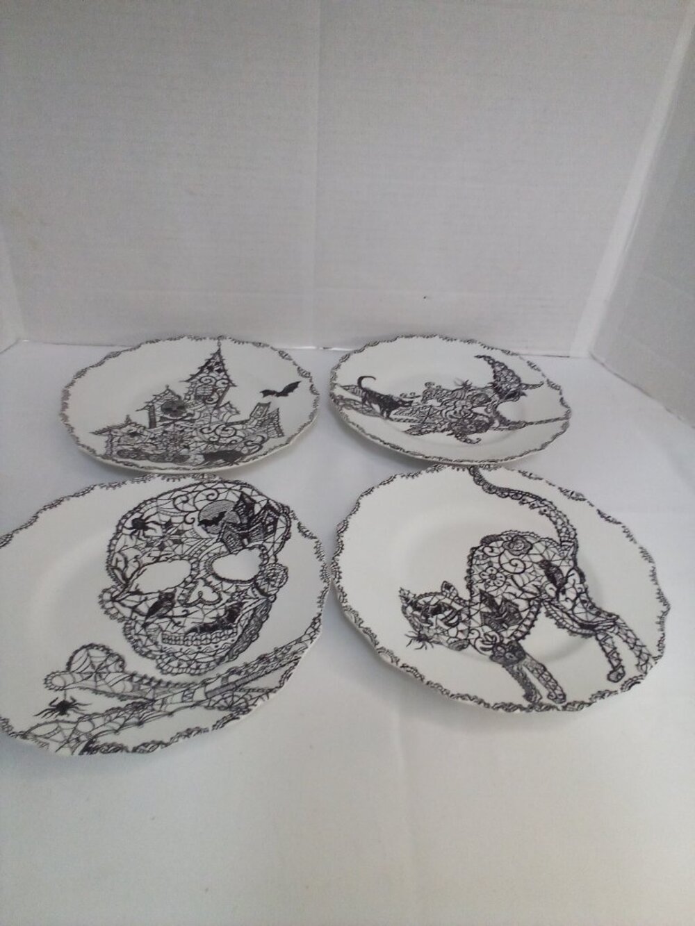 222 Fifth Wiccan Lace 4 Salad Plates Porcelain Cats Spooky Web Spider